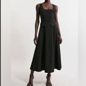 Karen‎ Millen Tailored Full Skirted Pane Belted Midi Dress Blk Size 6 New W/ Tag